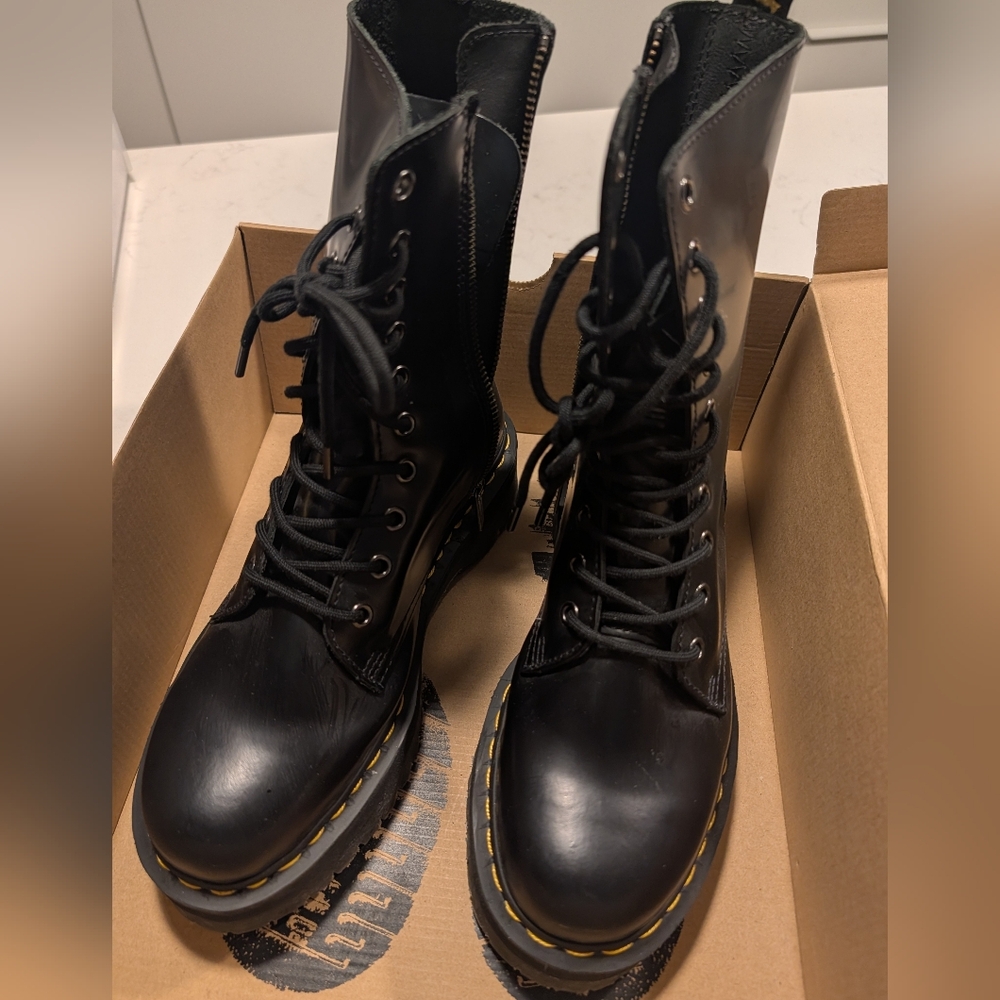 Dr. Martens Black Leather Lace-Up Boots with Yellow Stitching